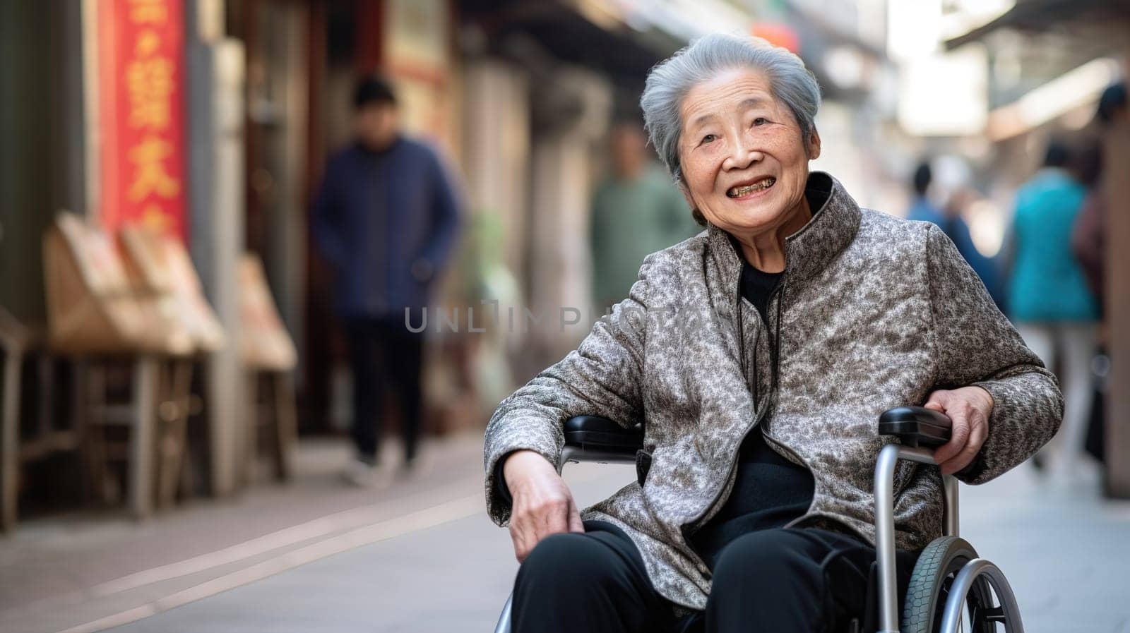 Happy Asian elderly woman with leg disability in wheelchair, moving freely in the city, leading an active lifestyle by KaterinaDalemans