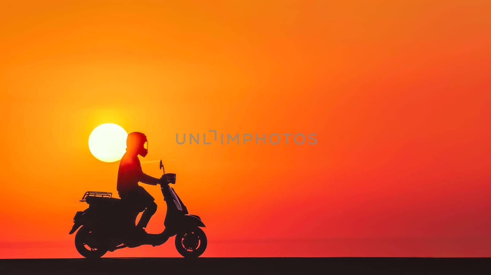 Person rides a scooter against a vibrant orange sunset background by Edophoto