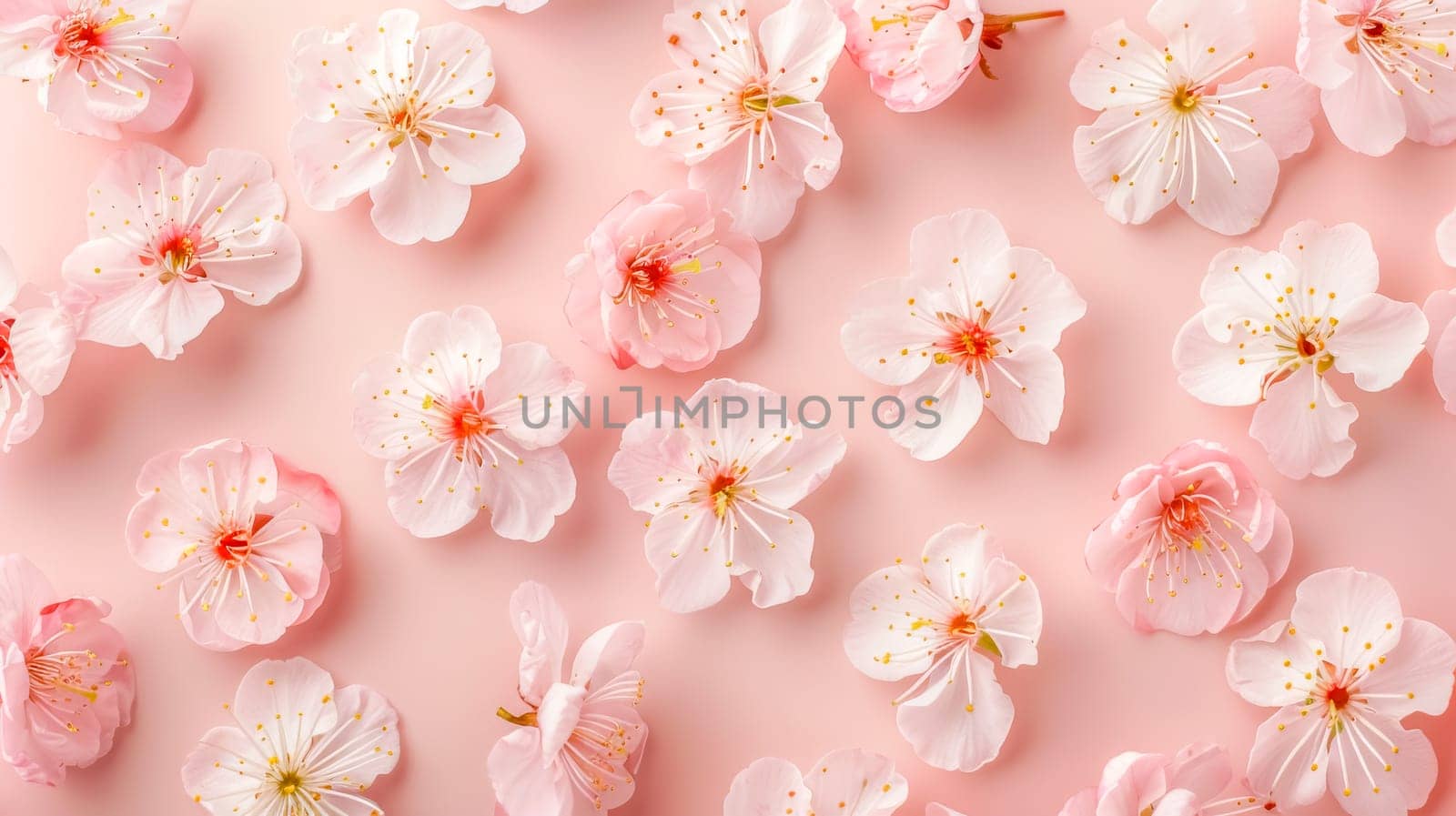 Delicate cherry blossom petals on pink background by Edophoto