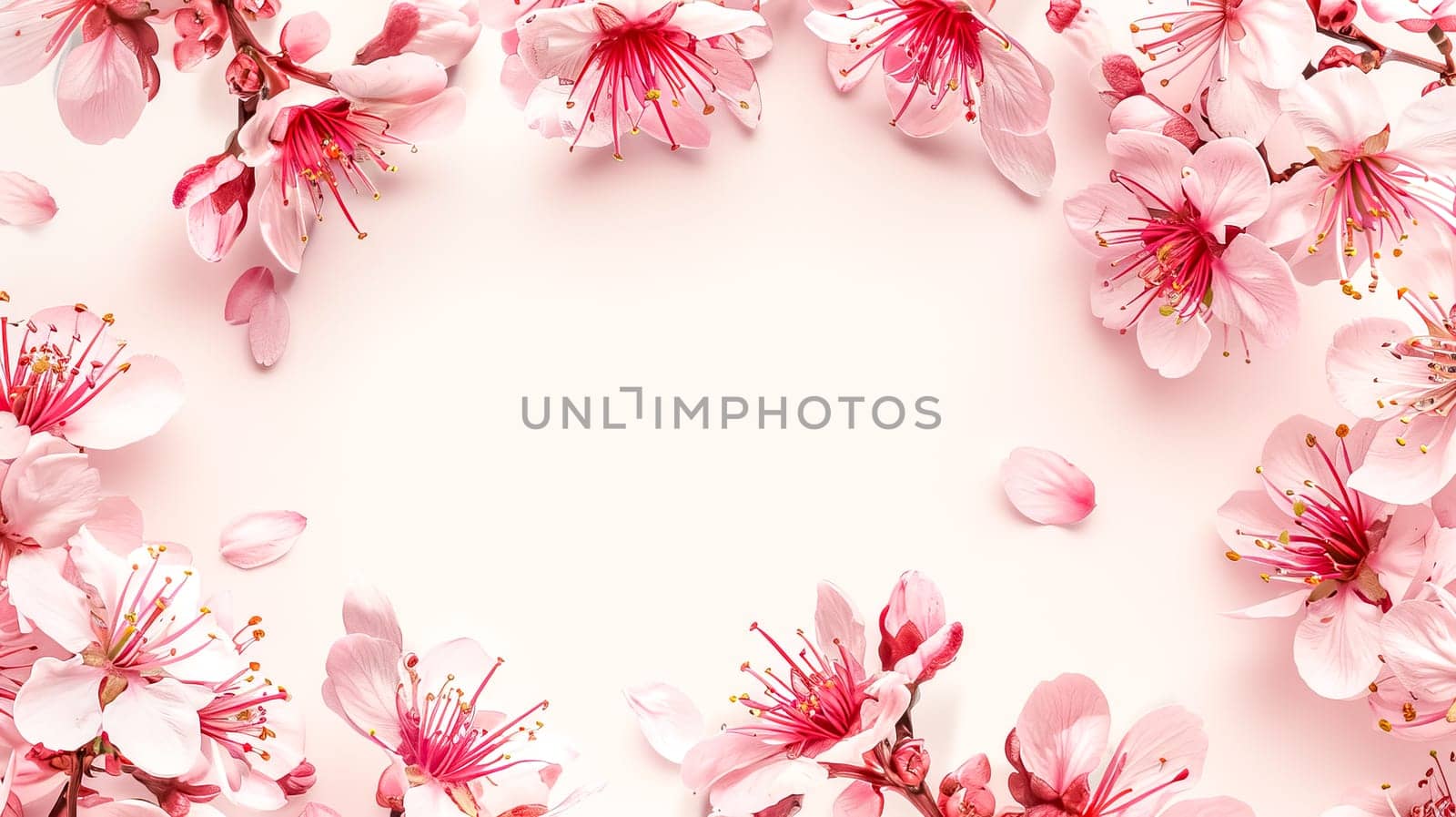 Delicate cherry blossoms frame the top and bottom on a gentle pink background
