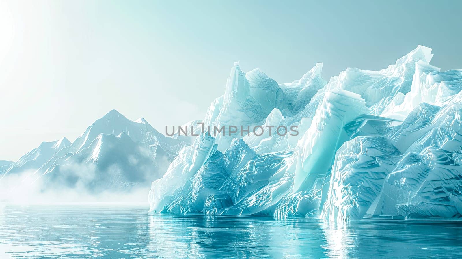 Tranquil scene of towering icebergs against a clear sky, reflecting in calm polar waters