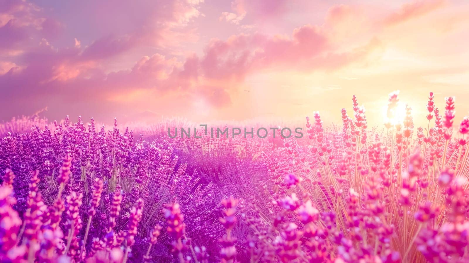 Scenic view of a vibrant lavender field bathed in the warm glow of a setting sun