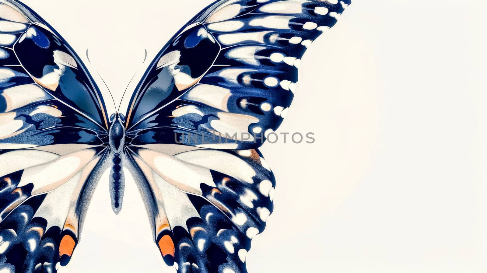 Artistic rendering of a vibrant blue butterfly with orange accents, isolated on a white backdrop