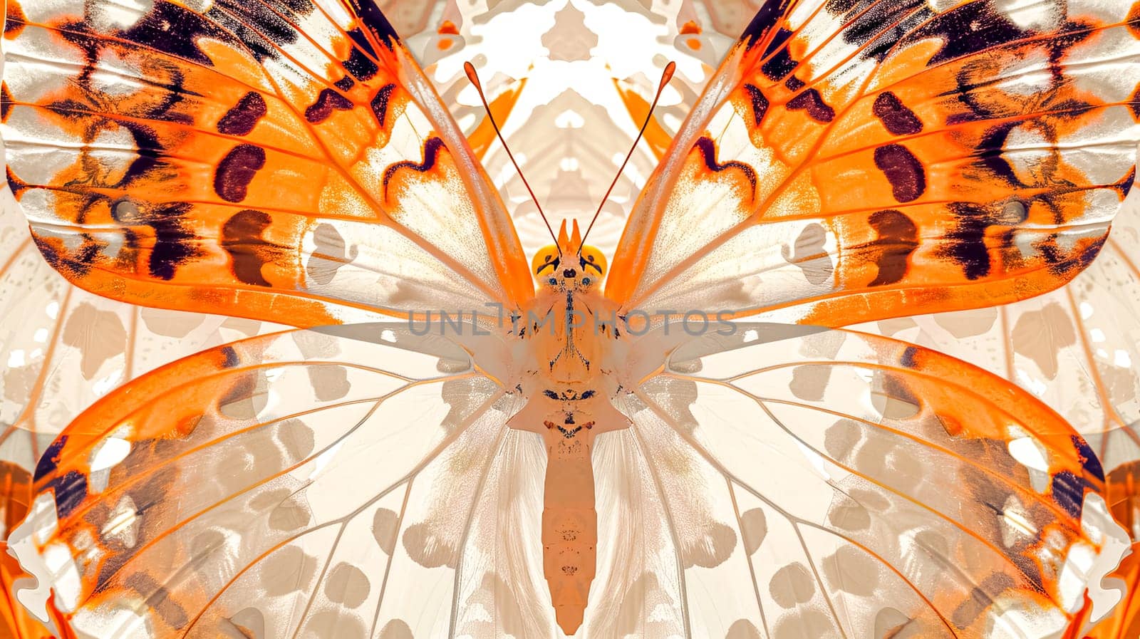 Vibrant and beautiful symmetrical butterfly wing pattern in warm tones with an abstract and artistic design, perfect for a nature-themed background or wallpaper