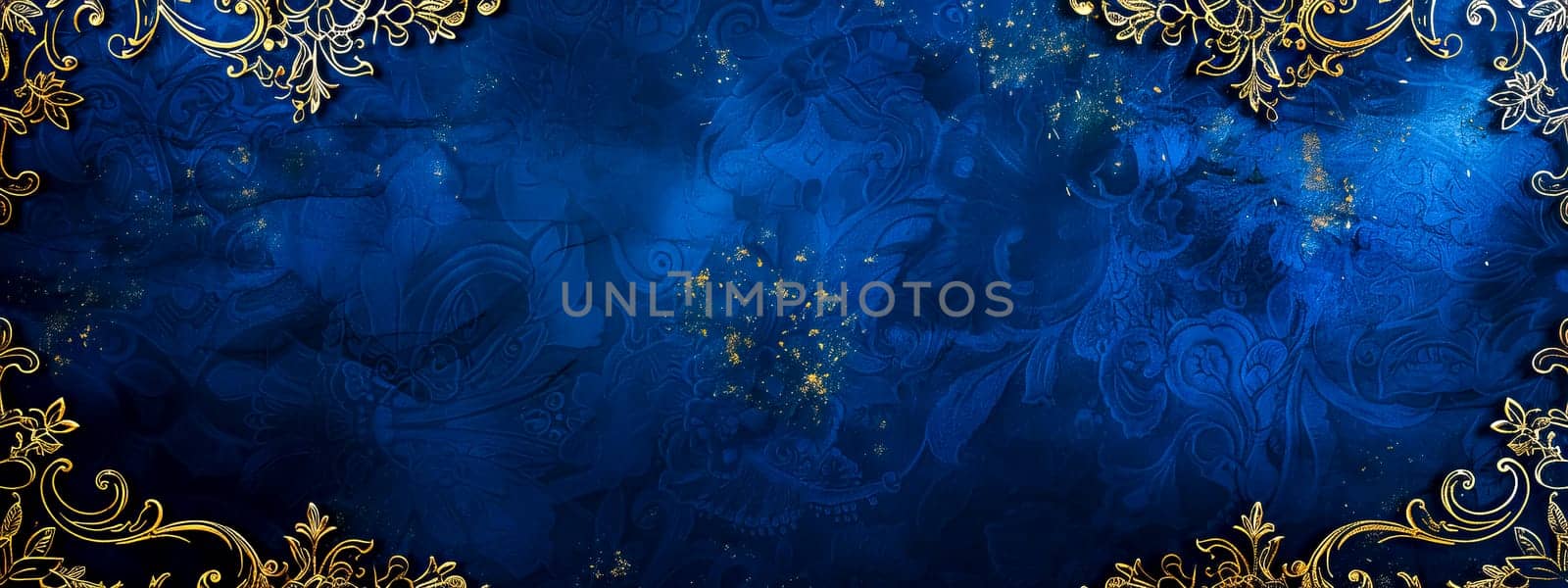 Luxurious dark blue background with ornate gold floral patterns and sparkling accents