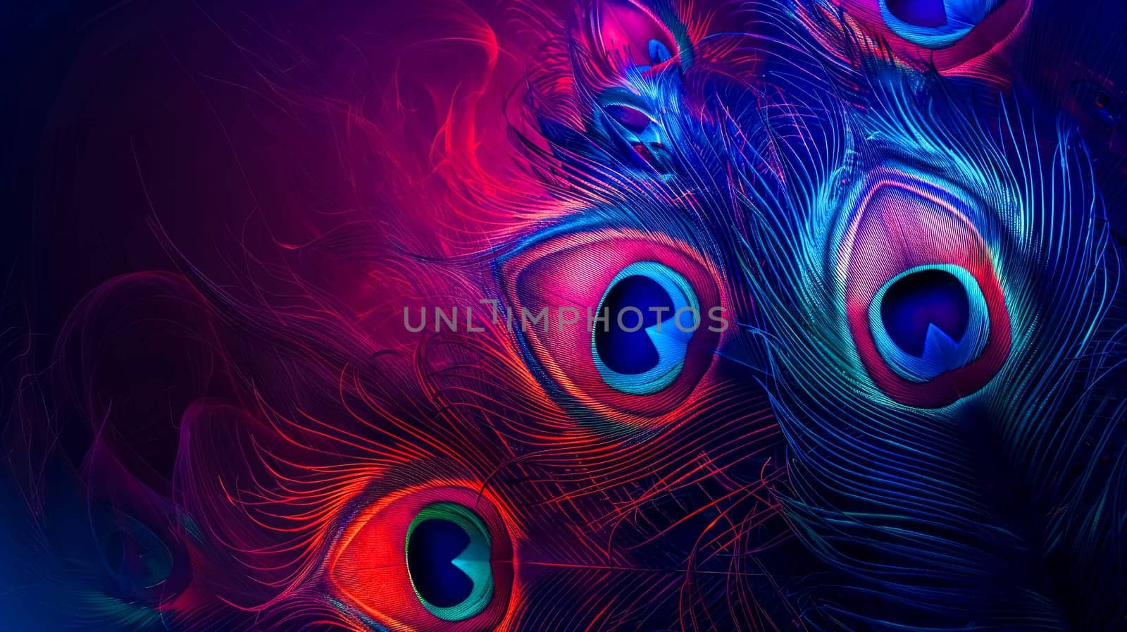 Colorful abstract texture of illuminated peacock feathers with vivid hues