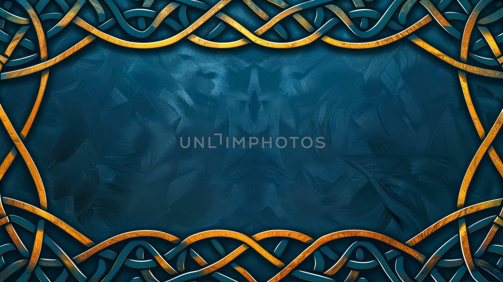 Luxurious dark blue background decorated with feathers and an intricate golden frame design