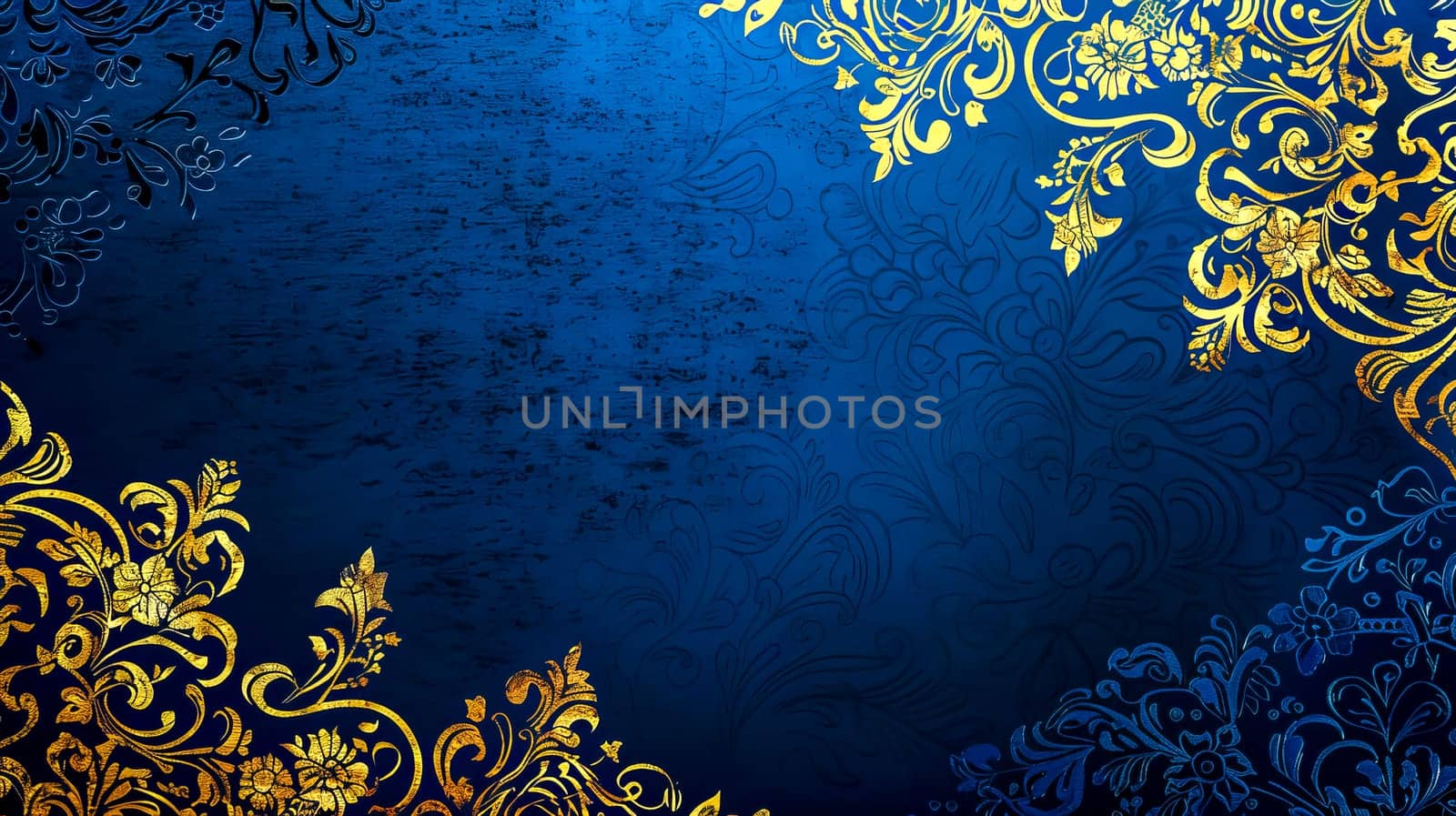Luxurious blue background with intricate gold floral patterns, ideal for high-end design use