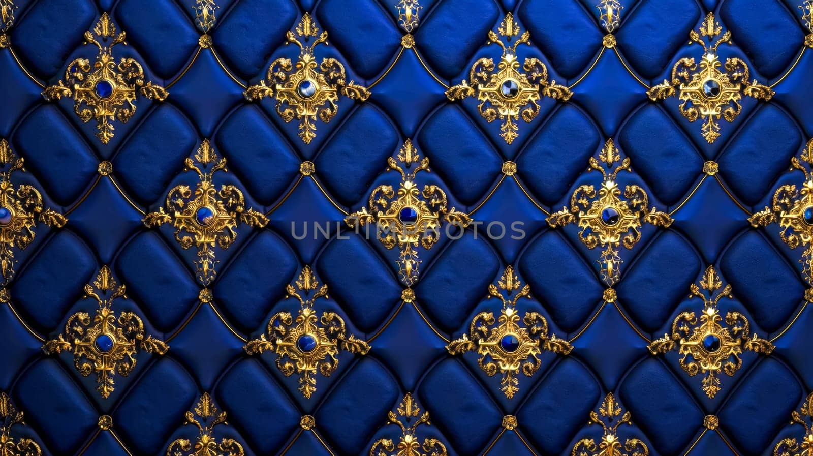 Elegant patterned wallpaper featuring a royal blue background with ornate golden details