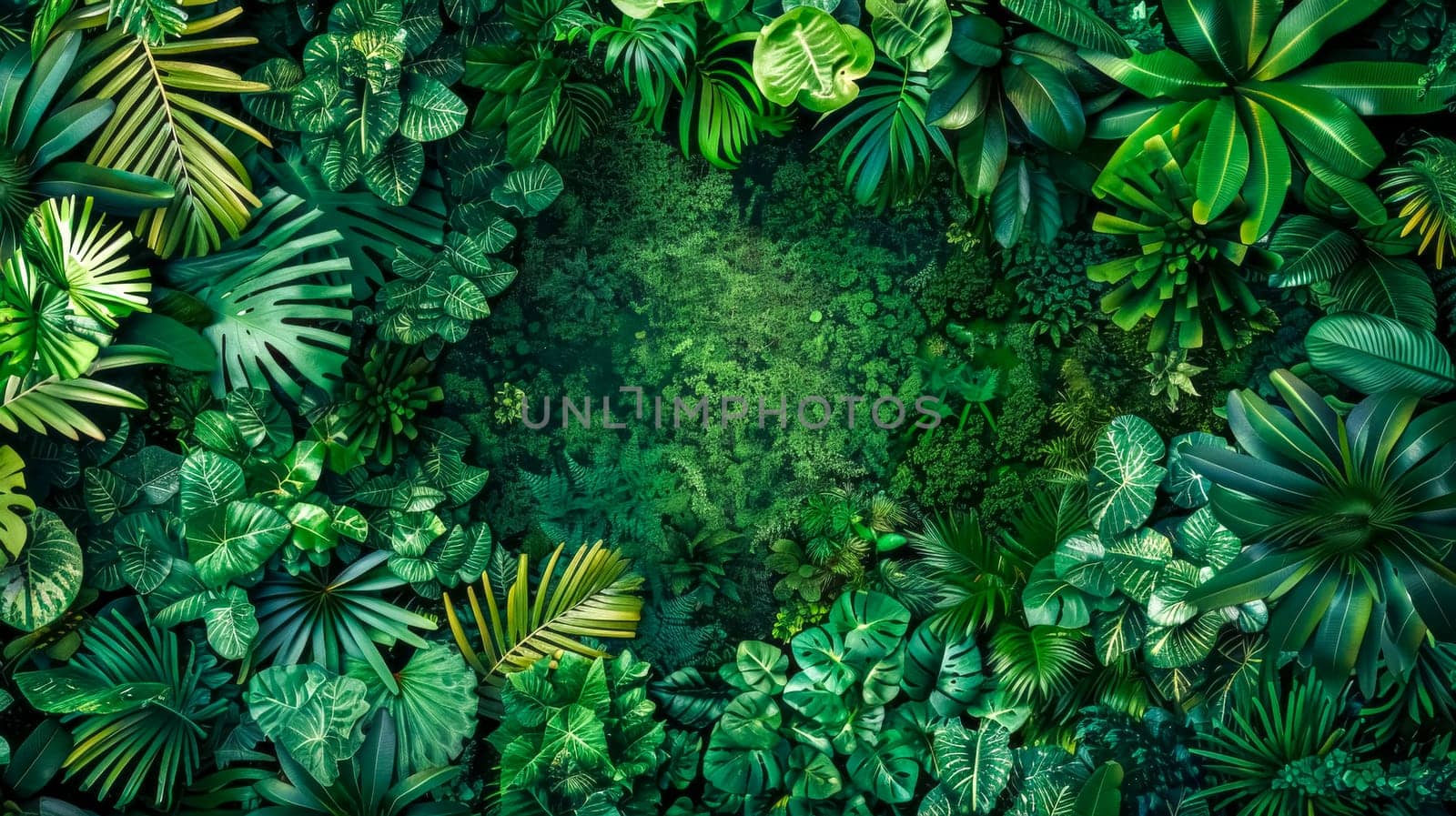 Vibrant overhead view of diverse tropical foliage forming a natural frame