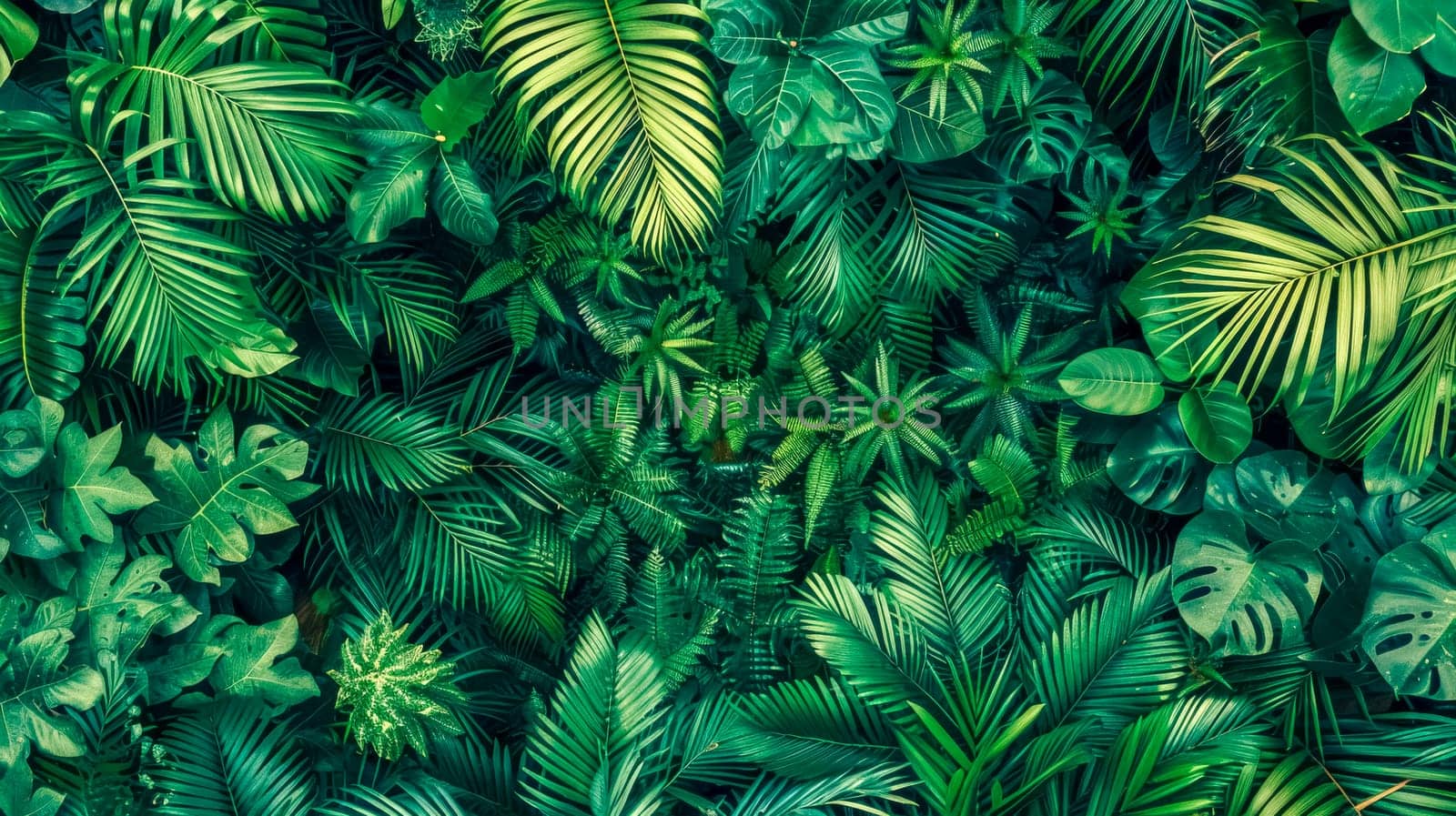 Lush tropical green leaf texture with vibrant monstera and palm foliage. Creating a natural botanical pattern in a dense rainforest environment