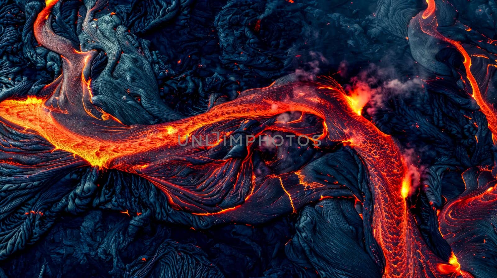 Vibrant image capturing the intricate patterns of a flowing lava river by Edophoto