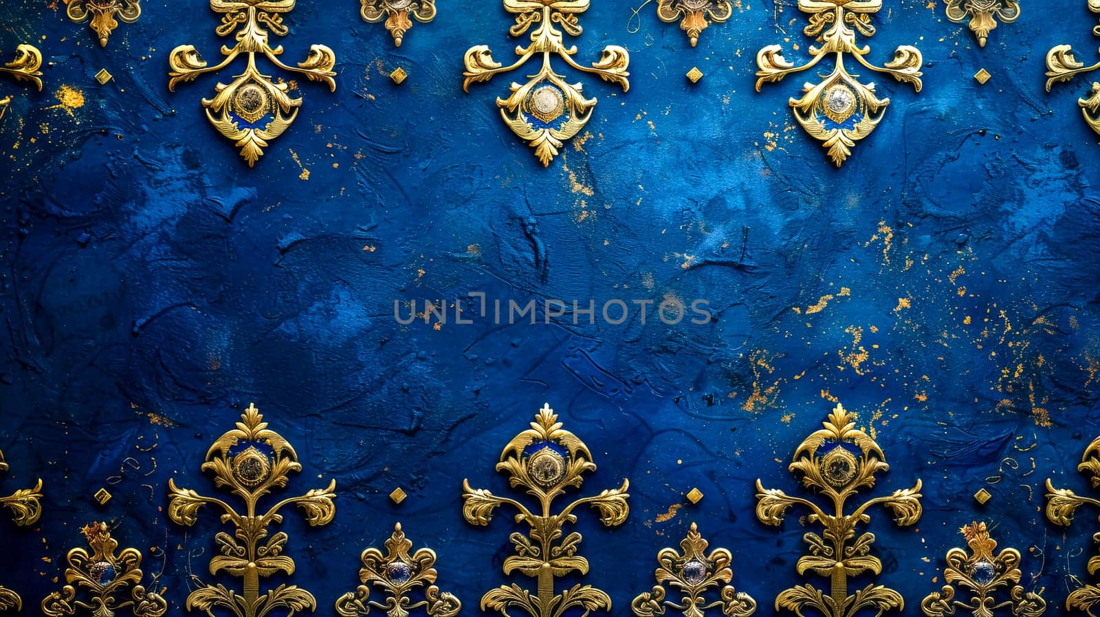 Royal blue vintage wallpaper with golden accents by Edophoto