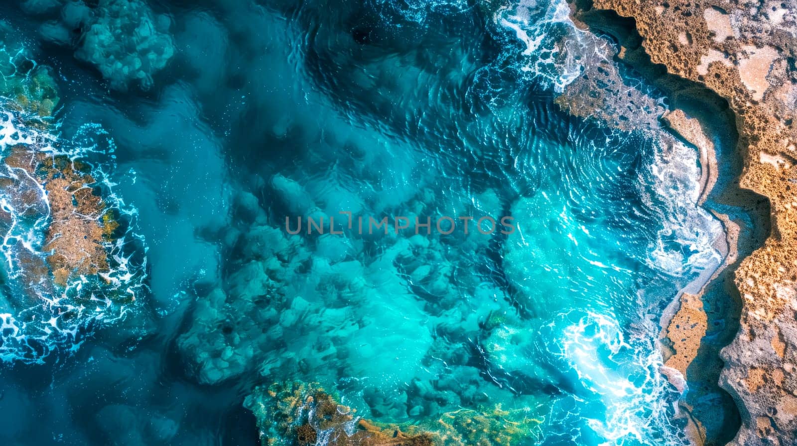 Top-down drone shot capturing the vibrant blues of sea waves meeting a rugged coastline