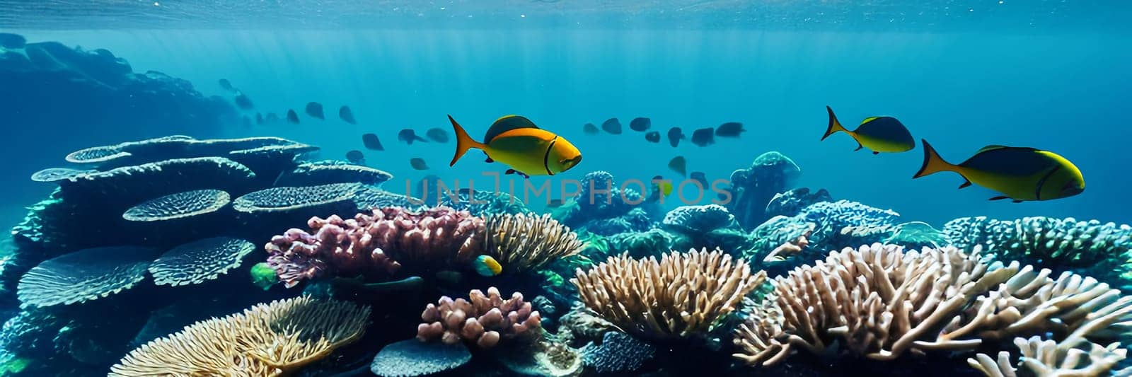 Underwater coral reef landscape with colorful fish. by Annu1tochka
