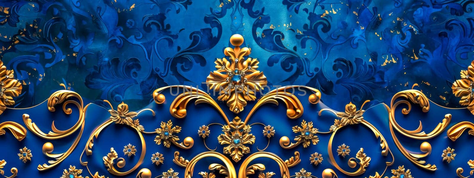 Elegant gold scrollwork and floral designs on a vibrant blue textured backdrop