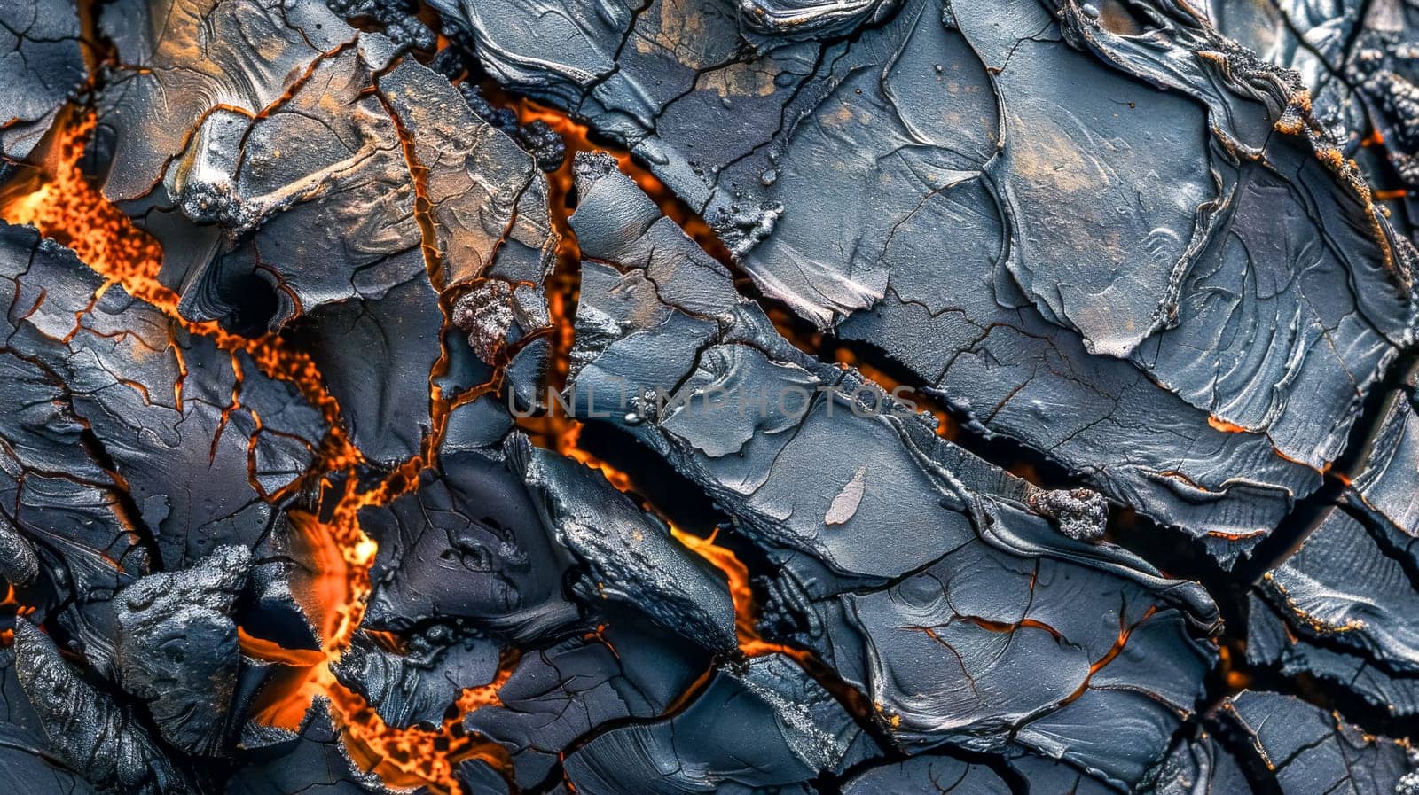 Macro shot of fiery cracks within a dark expanse of cooled lava