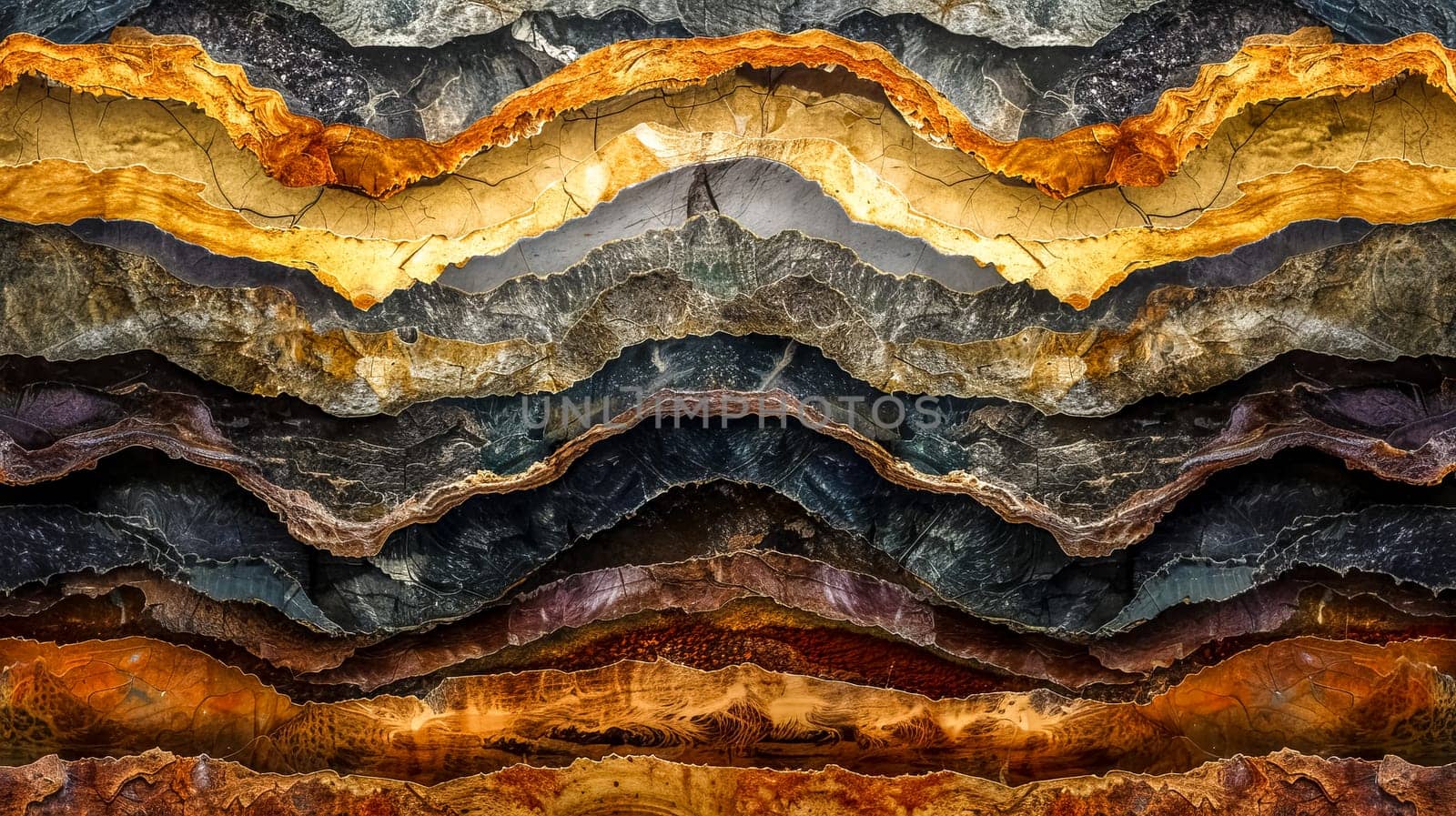 Vibrant and colorful abstract digital artwork inspired by the rich and symmetrical textures of geologic strata and sedimentary layers