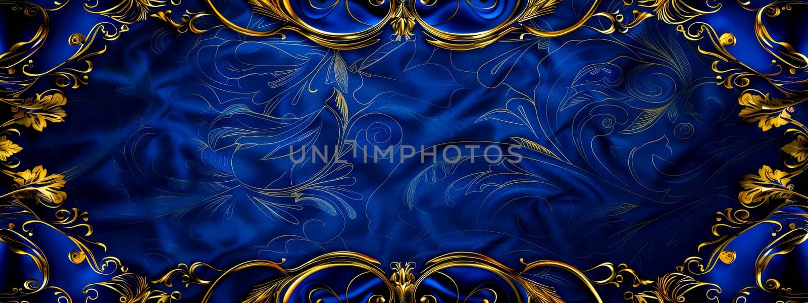 A luxurious seamless background with ornate gold floral elements on a deep blue backdrop