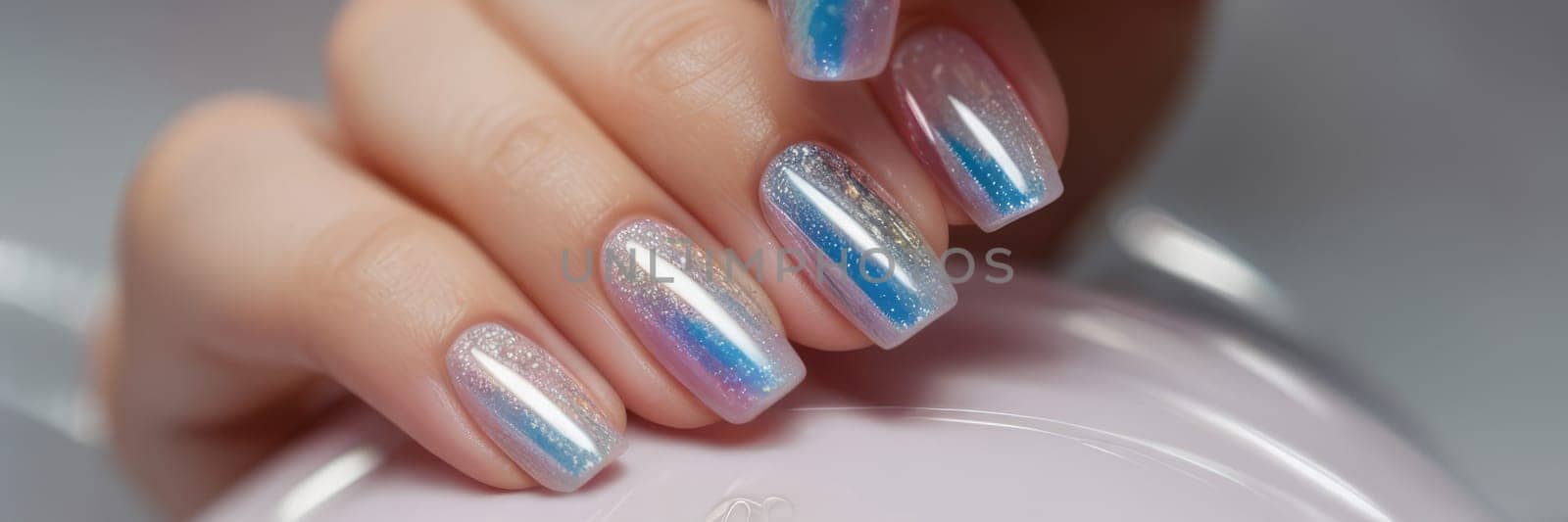 Close-up view of holographic manicure with sparkling gradient colors
