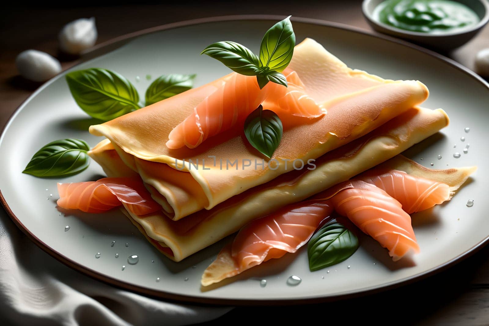 thin pancakes with lightly salted red fish . AI generated image.