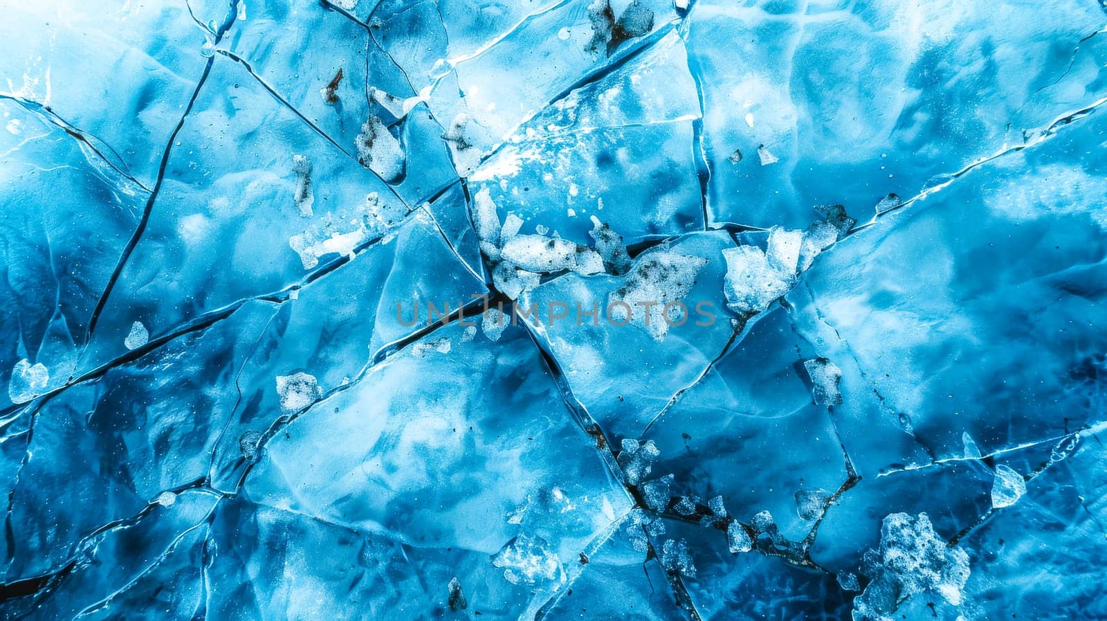 Close-up of abstract crystalline blue ice textures in the frozen glacier, showcasing the natural patterns and translucent beauty of the icy surface in the cold arctic environment