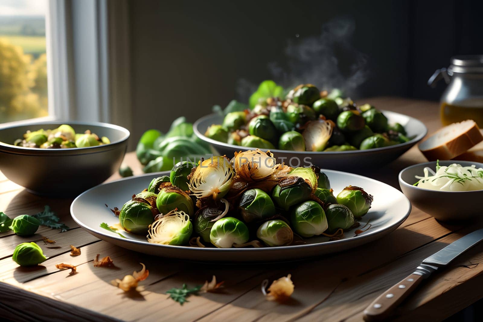 pieces of roasted Brussels sprouts, with fried onion rings