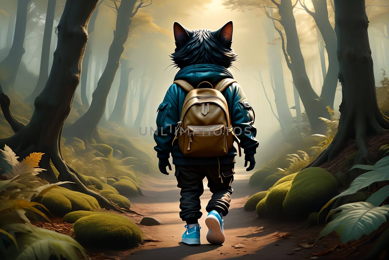 the cat takes a walk in the forest .AI generated image.