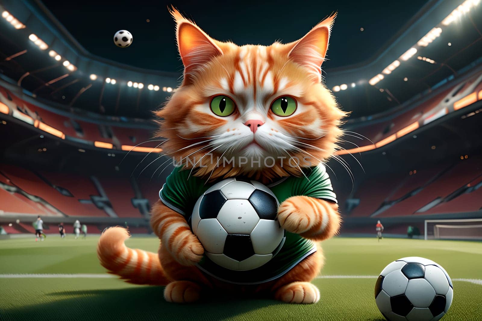 cat athlete football player playing football on the football field .AI generated image.