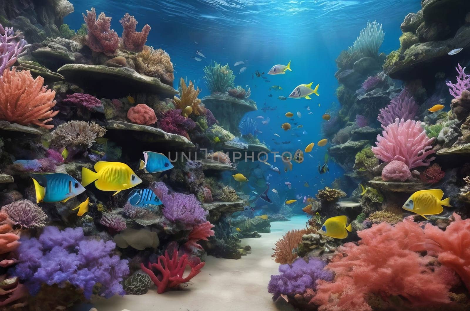 Underwater coral reef landscape with colorful fish. The concept of Earth Day