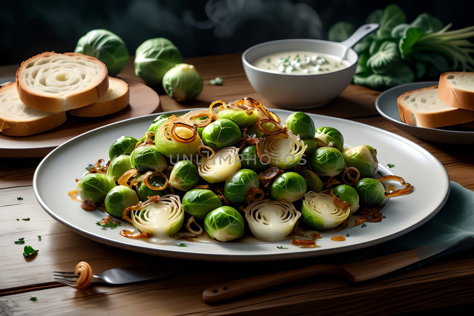pieces of roasted Brussels sprouts with sauce, with fried onions sliced into rings