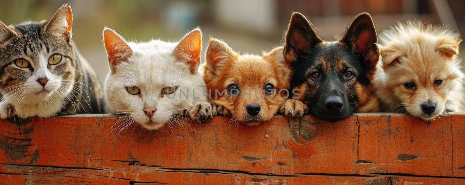 The picture of front view and close up of the multiple group of the various cat and dog in front of the wood object background that look back to the camera with the curious and interest face. AIGX03.