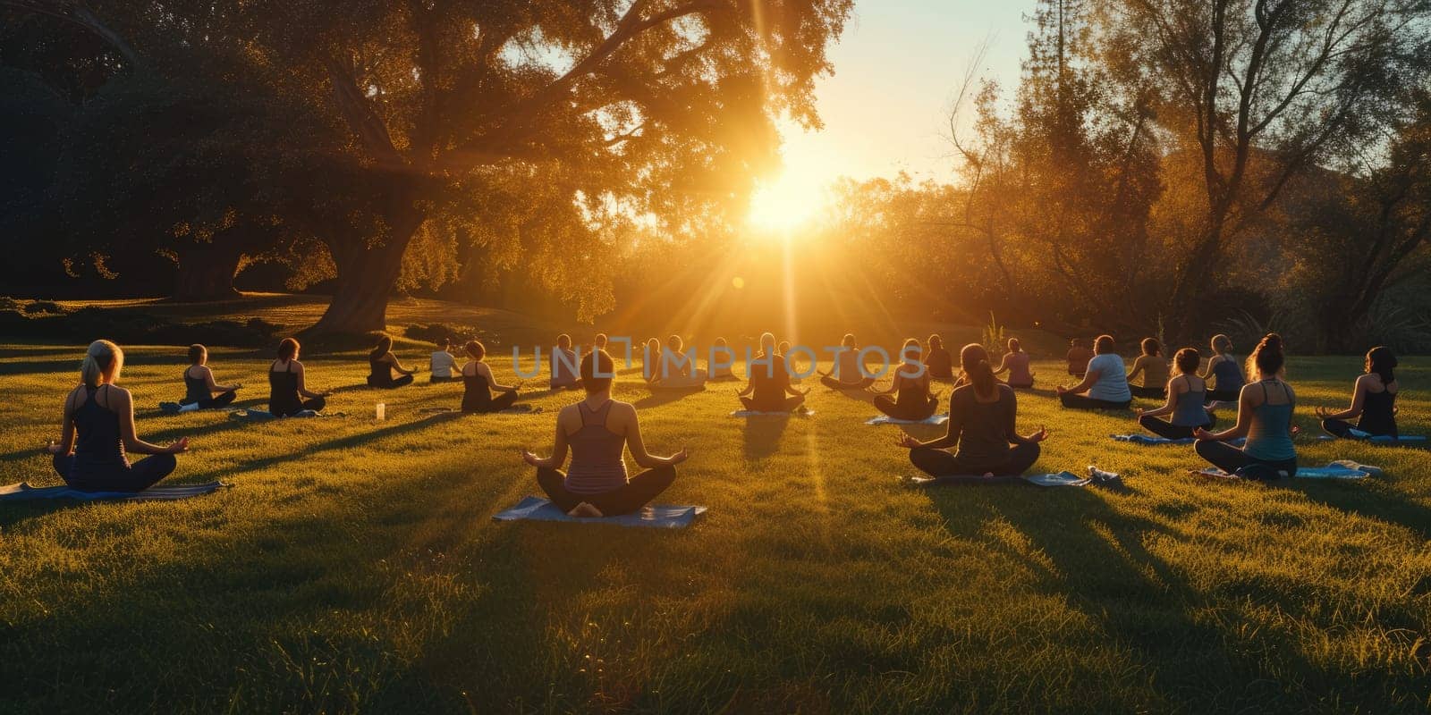 A serene yoga class at sunrise, participants in a tranquil outdoor. Resplendent. by biancoblue