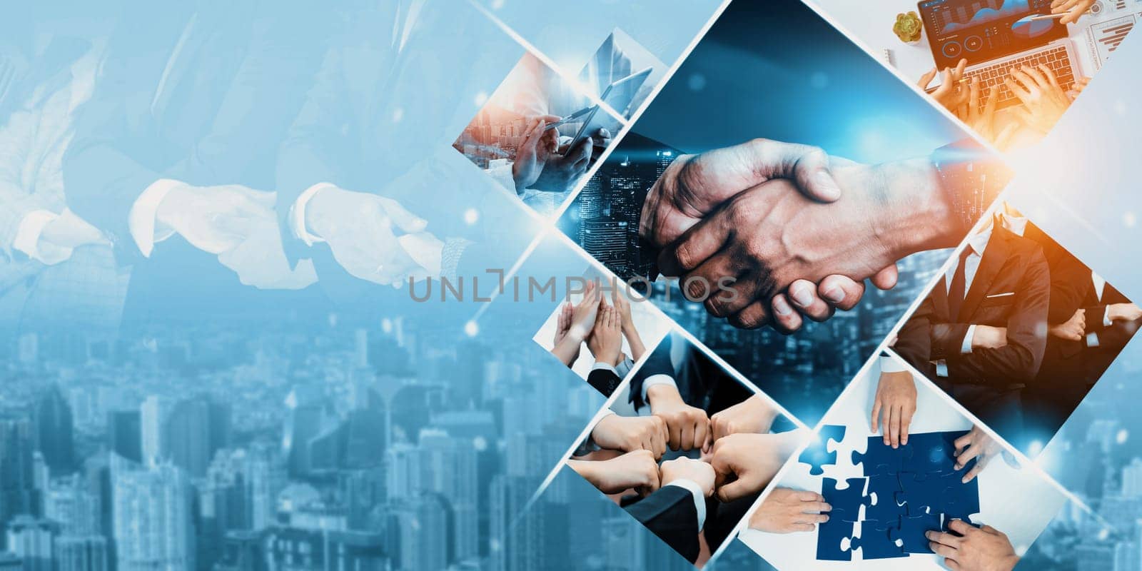 Teamwork and human resources HR management technology concept in corporate business with people group networking to support partnership, trust, teamwork and unity of coworkers in office kudos