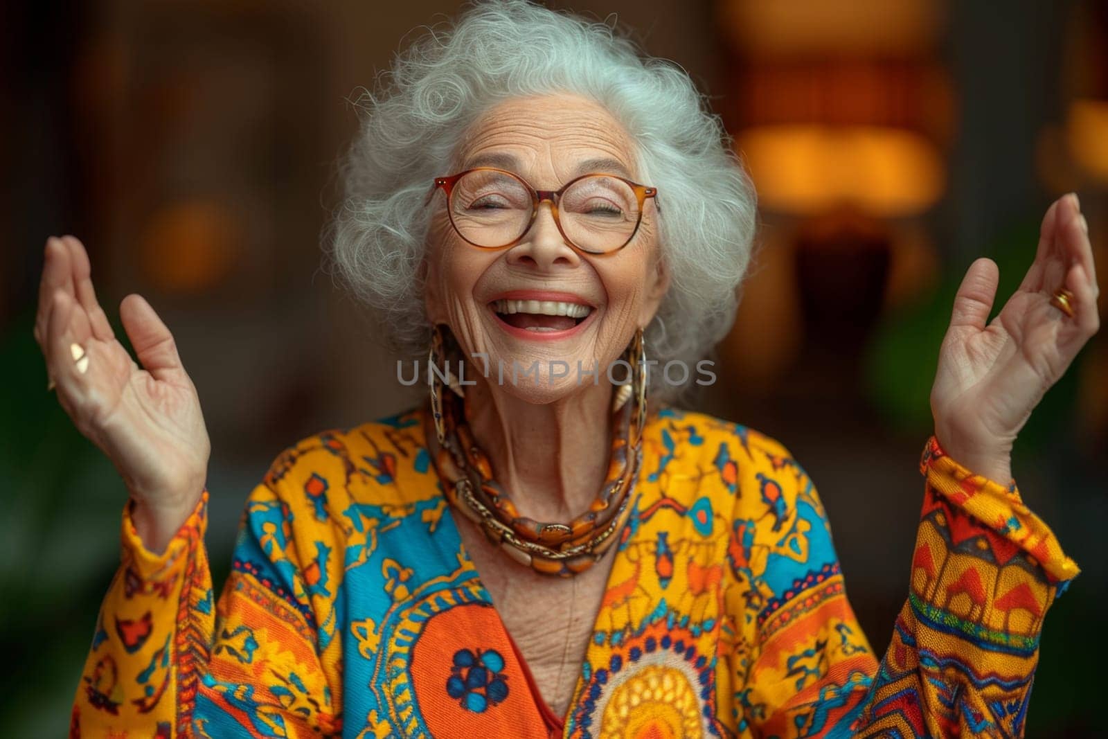 Happy and playful elderly woman in colored clothes indoors.