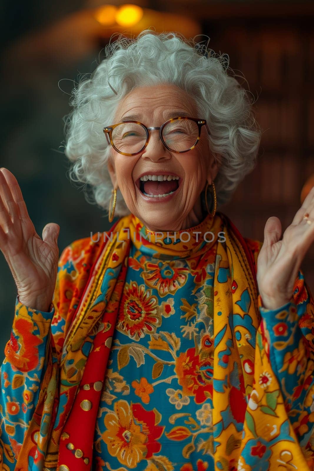 Happy and playful elderly woman in colored clothes indoors.