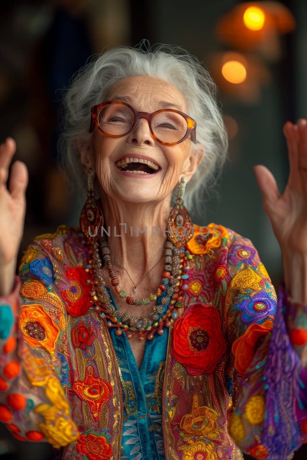 Happy and playful elderly woman in colored clothes indoors.