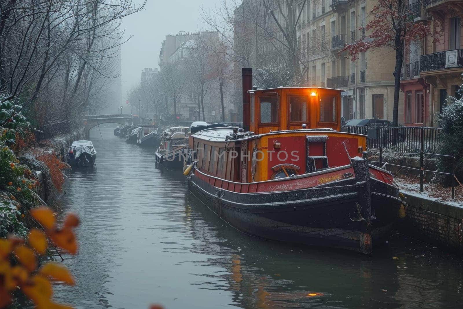 An old boat in the city canal on the water.