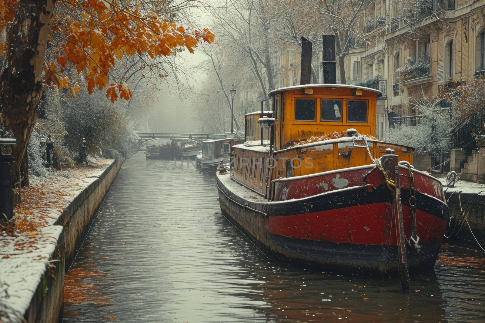 An old boat in the city canal on the water.