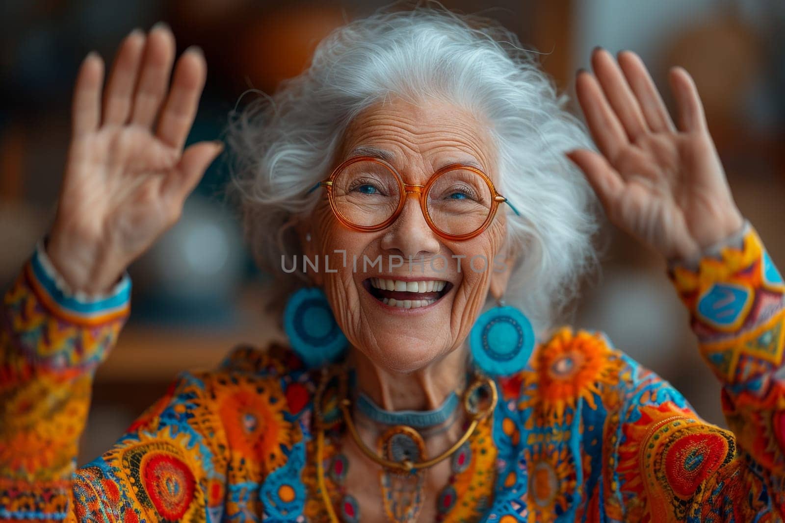 Happy and playful elderly woman in colored clothes indoors by Lobachad