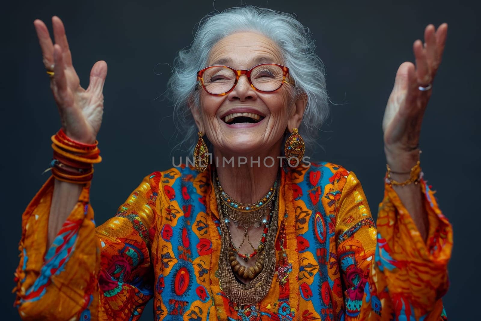 A happy and playful elderly woman in colored clothes by Lobachad