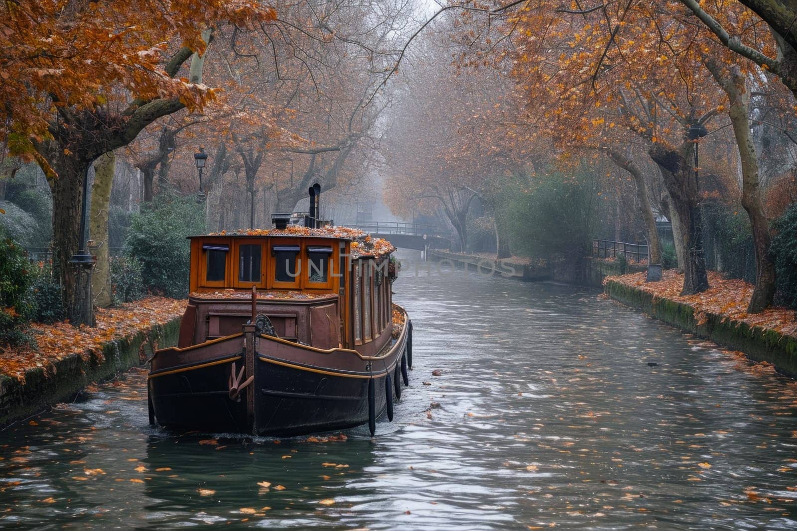 An old boat in the city canal on the water.