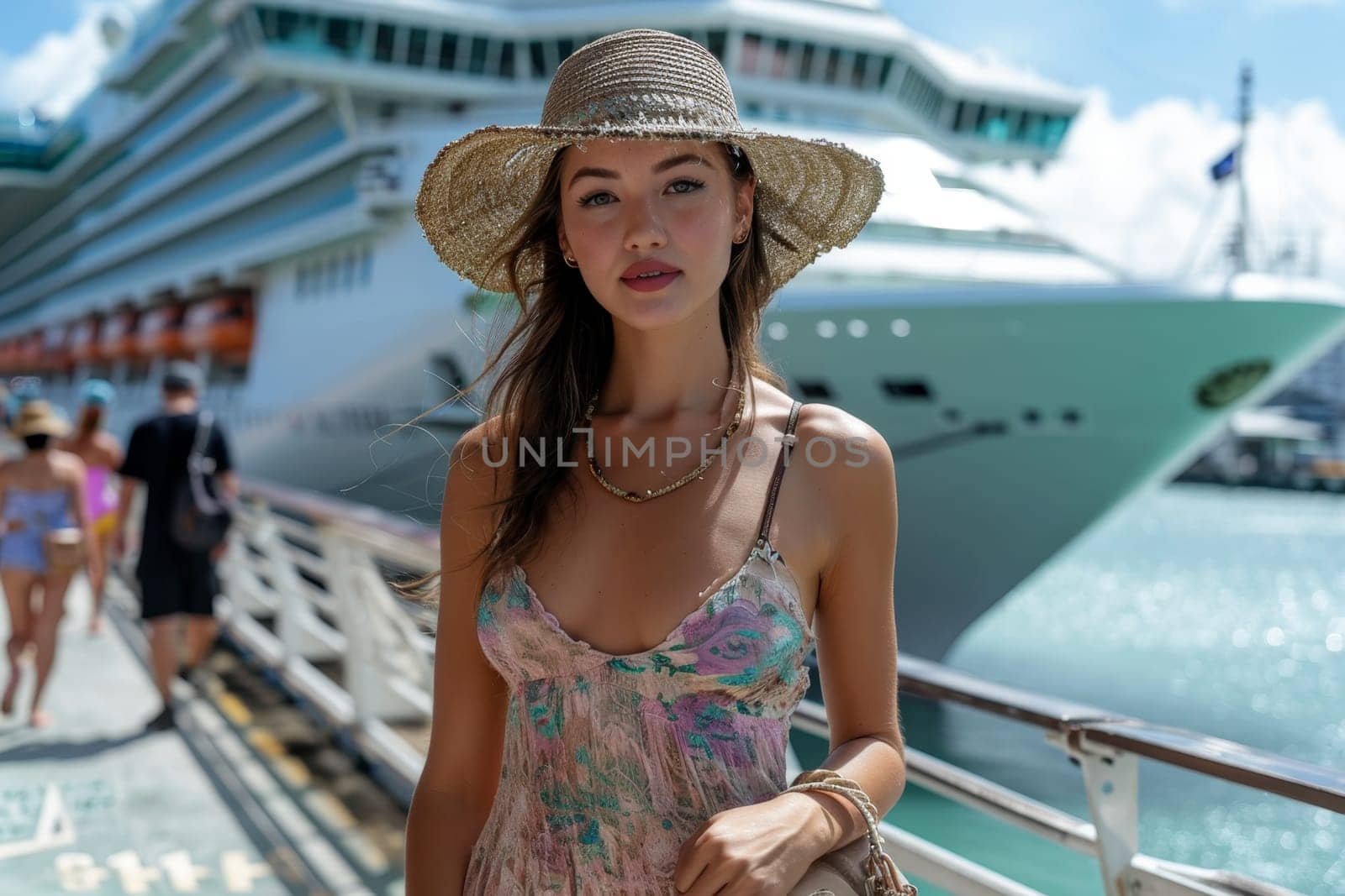 A girl in a hat standing in front of a large cruise ship. Sea voyage.