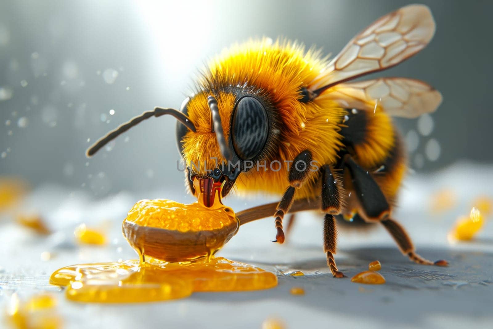 The bee eats natural honey. 3d illustration by Lobachad