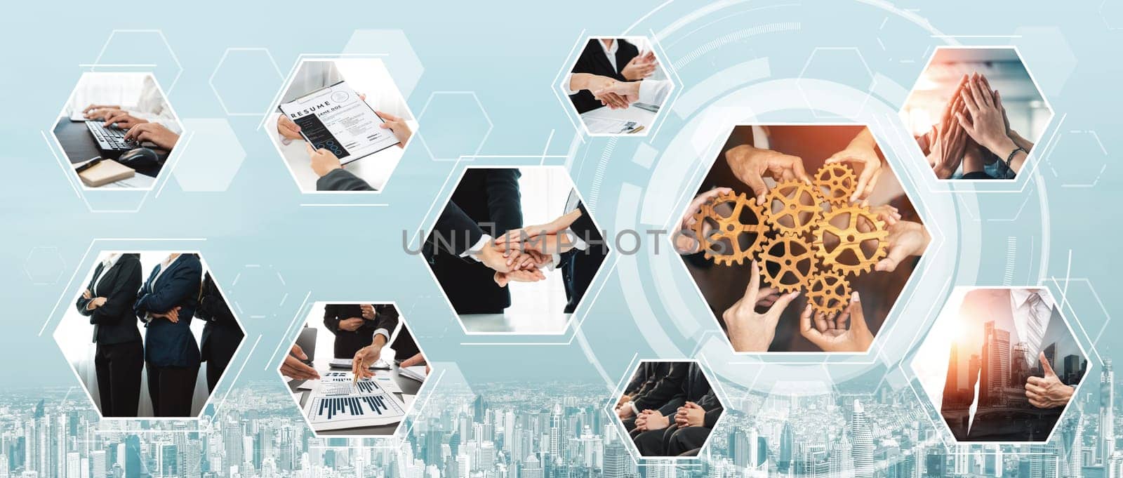 Teamwork and human resources HR management technology concept in corporate business with people group networking to support partnership, trust, teamwork and unity of coworkers in office vexel