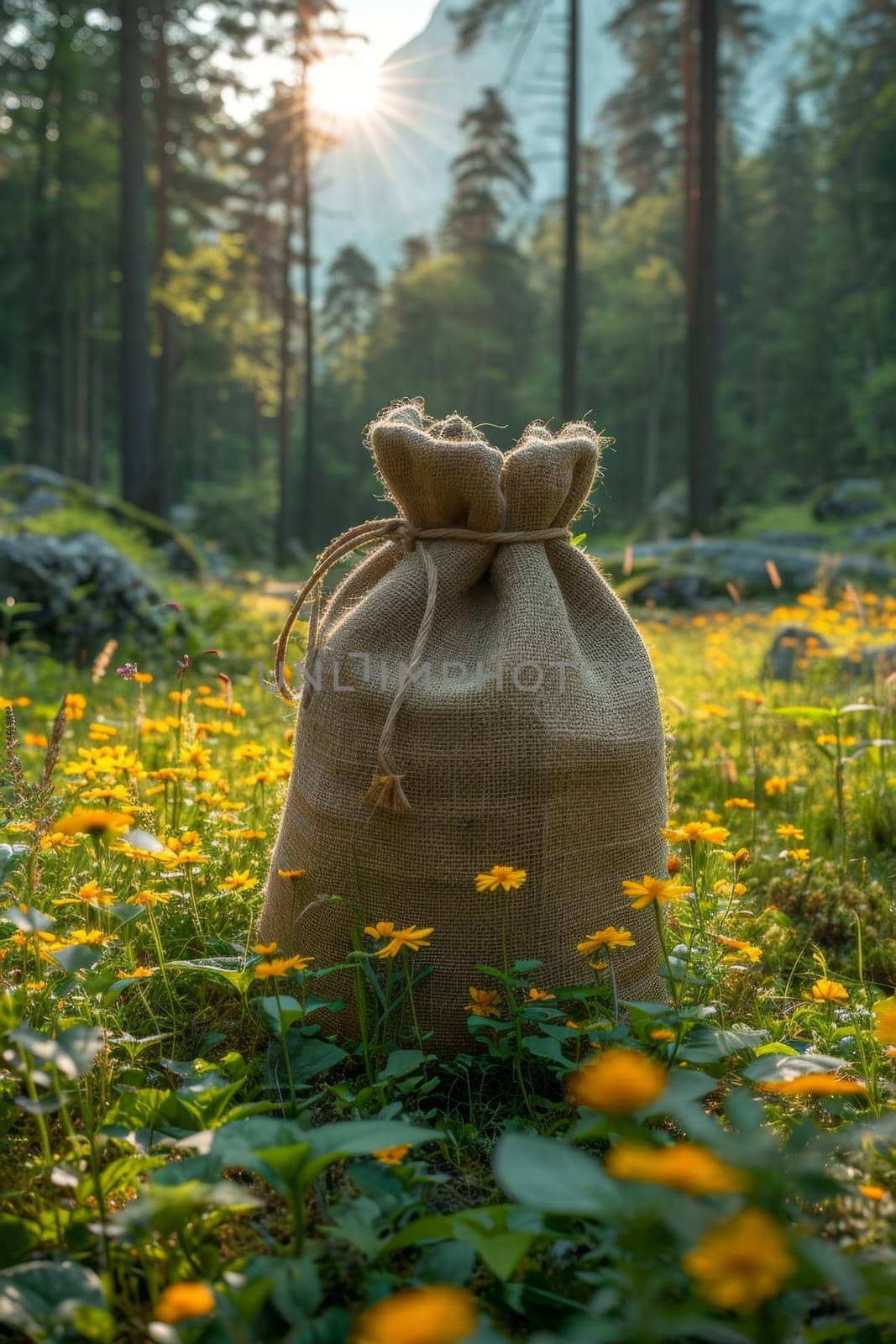 A canvas bag with a drawstring stands in a clearing in the forest. Recycling.