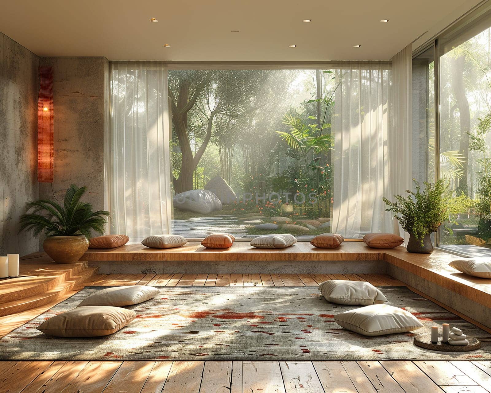 Peaceful yoga studio with natural wood floors and calming colorsHyperrealistic