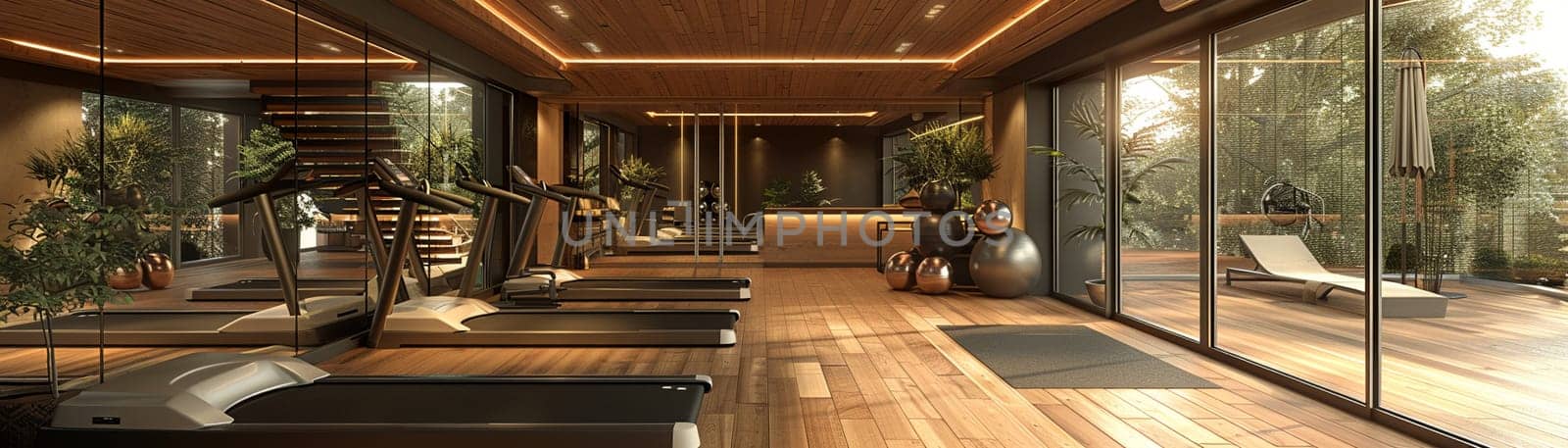 Functional and stylish home gym with mirrored walls and modern equipmentup32K HD