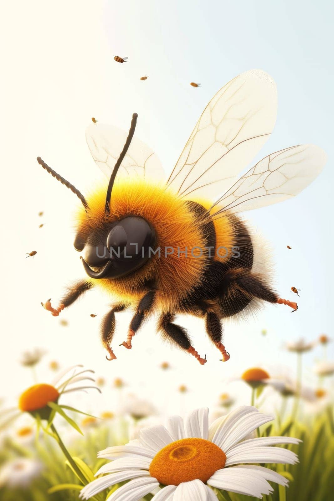 a bee flying near flowers to collect honey on a white background.