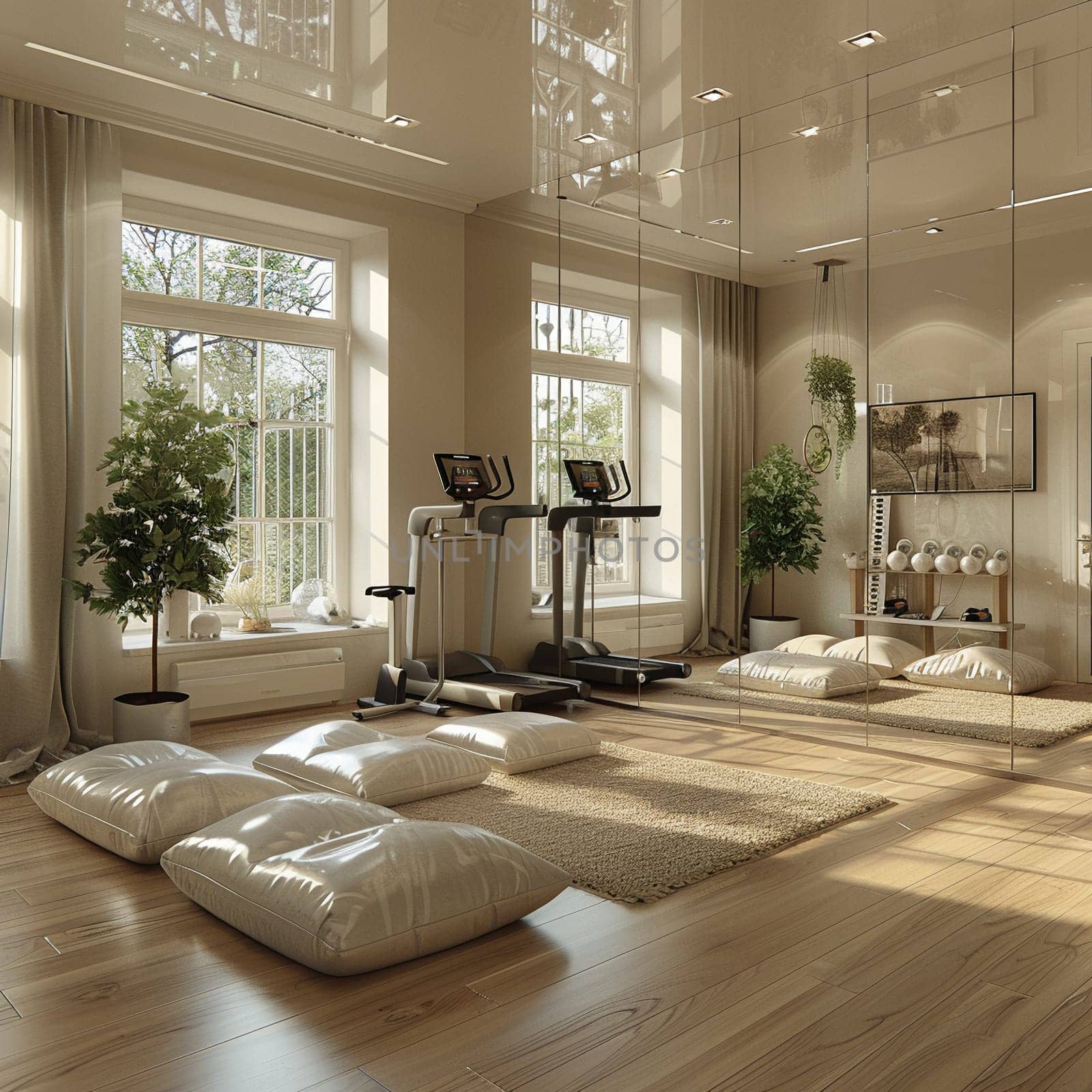 Functional and stylish home gym with mirrored walls and modern equipmentup32K HD by Benzoix